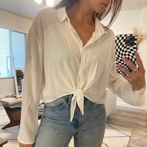 White Linen Tie Front Button Down